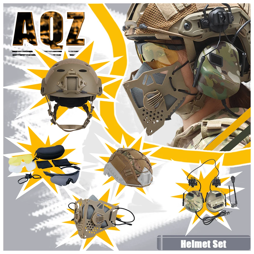 Tactical airsoft helmet set for tactical hunting with goggles and sound pickup noise cancelling headphones