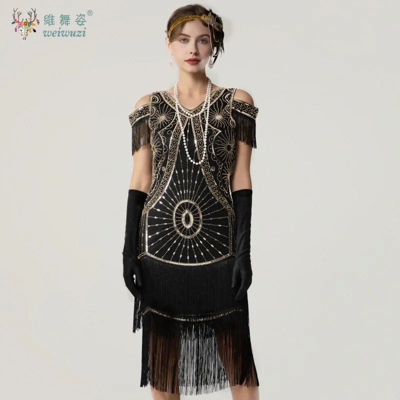 

Sequin Beaded Long Fringe Halter Evening Party Dress Retro Elegent Slim Mid Waist Vintage Womens Fancy Outfit Stage Perfermance