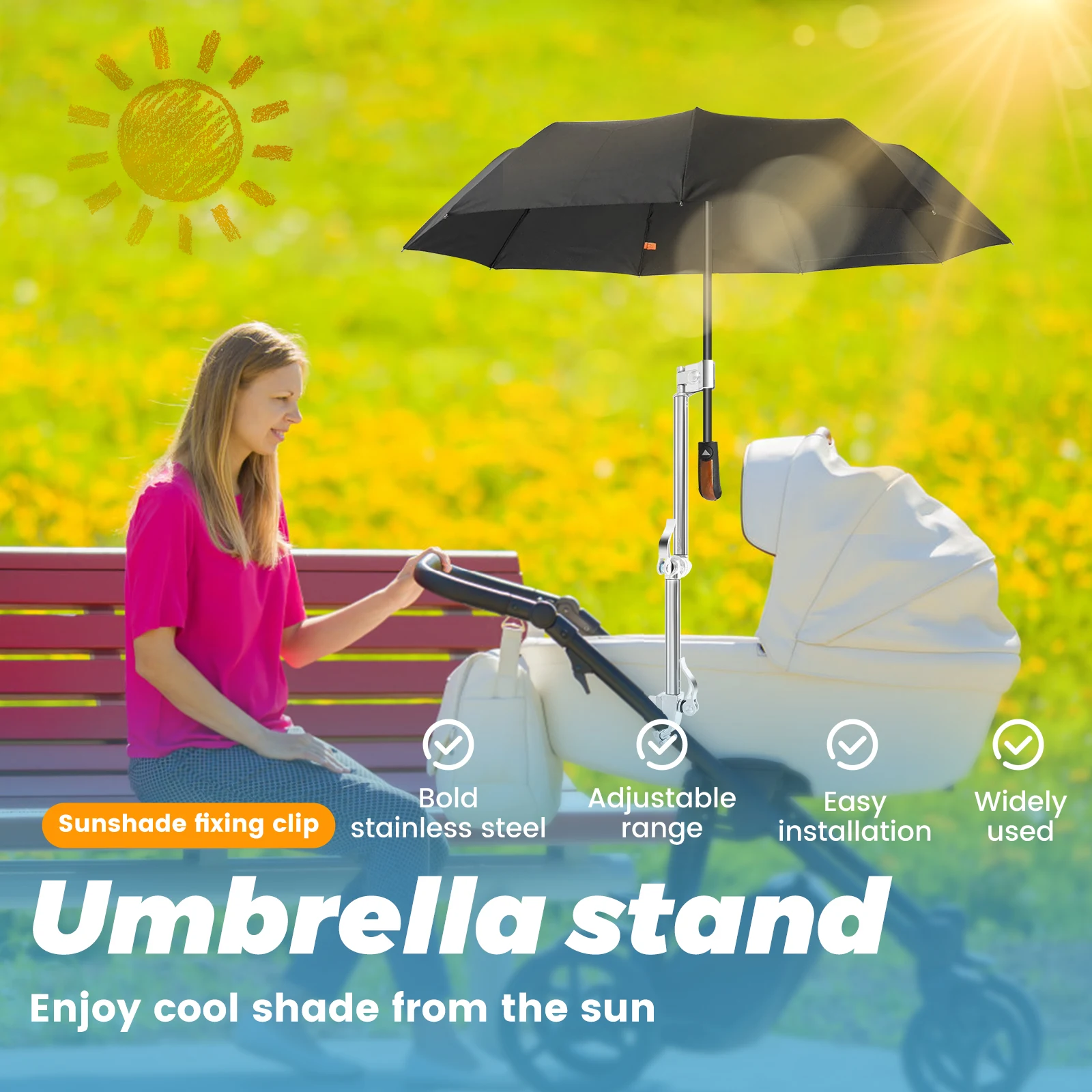 2/3 Fold Stainless Steel Umbrella Stand Adjustable Stroller Umbrella Mount Holder 360° Rotation Bicycle Sunshade Fixing Clip