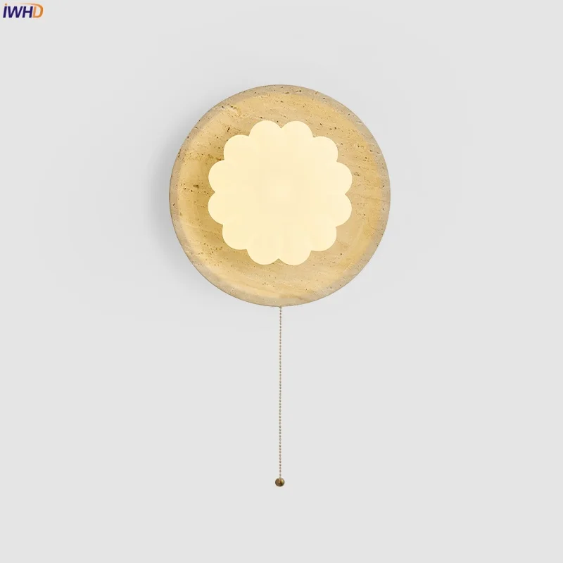 

IWHD Wabi Sabi LED Wall Lamp For Living Room Decoration Bedroom Pull Chain Switch PVC Yellow Travertine Porch Lights Arandela