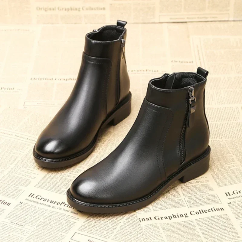 Plus Size damskie botki zimowe czarne ciepłe pluszowe boczny zamek błyskawiczny bawełniane buty damskie na niskim obcasie luksusowe Chelsea Boots