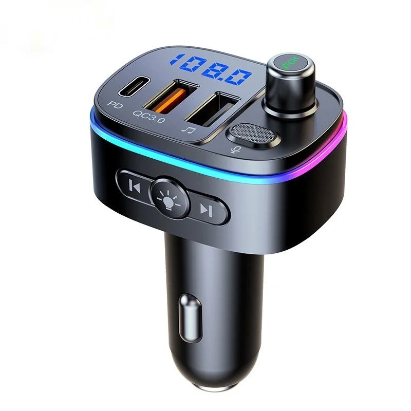 T6 Car Mp3 Player Bluetooth 5.0 FM Transmitter Type-C and QC3.0 Dual USB Charger 7-color Atmosphere Light Lossless Music
