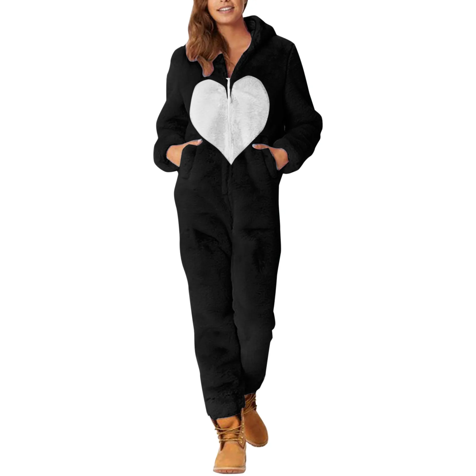 

Adults Love Heart Zipper Onesies Winter Women Pajamas Jumpsuit Men Couple Costume Cosplay Flannel Sleepwear Pyjamas Homewear