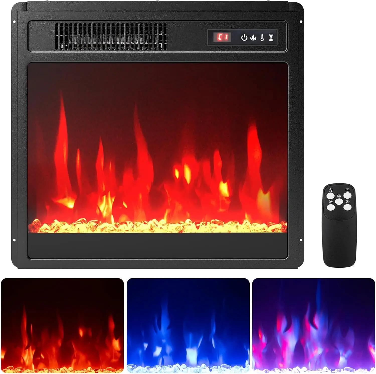 

Electric Fireplace Insert, 750W/1500W Fireplace Heater with Remote Control, Adjustable Flame Color & Brightness