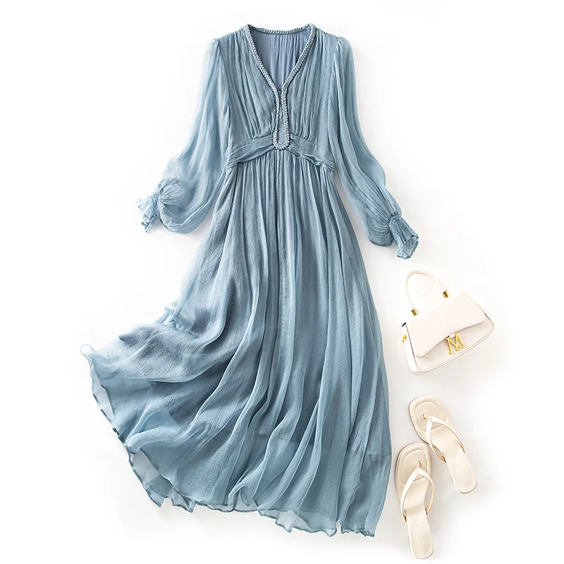 Winsleter-Women's 100%Real Silk Elegant Dress, V Neck 3/4 Sleeve Solid, Beach Vacation Fairy Dresses, 2025 Summer New D55609CC