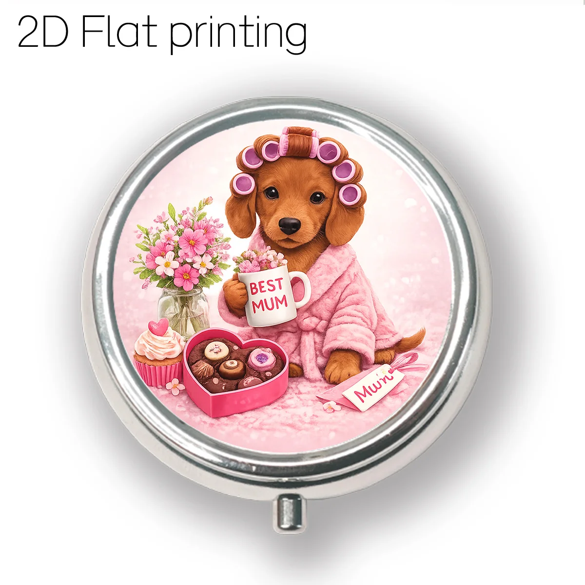 Pink Bathrobe with Curly-Haired Brown Dog and Flower Pattern, Portable Pill Box for Daily Travel, Moisture-Proof Small Pill Case, Multifunctional Storage Box for Vitamins and Supplements, Small Jewelry Organizer, Waterproof Pill Storage Box, Holiday Gifts, Souvenirs, Prizes, Small Gifts, Suitable for Personal Use or as an Exquisite Gift Choice