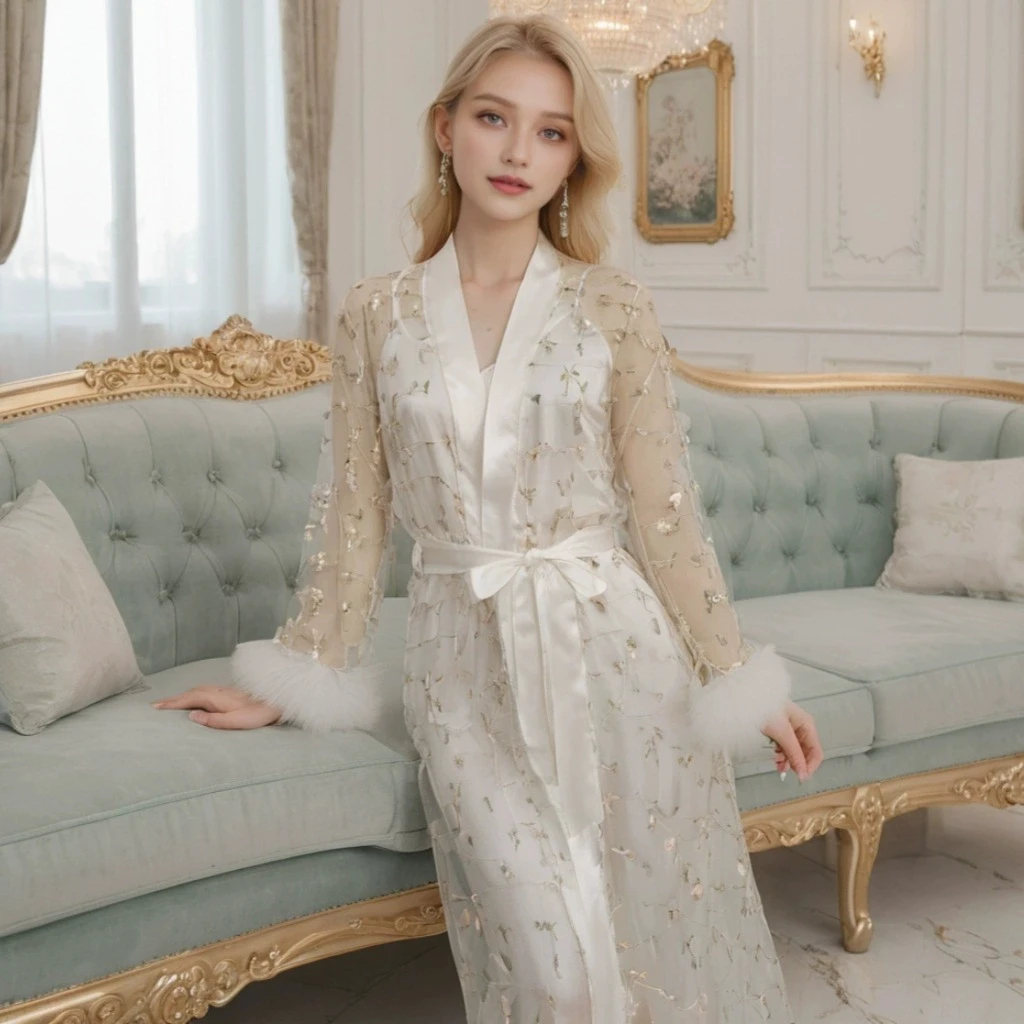 

White Mesh Lace Robe& Gown Suit Women's Bride Wedding Bathrobe Luxury Kimono Nightwear2025 Spring New Loungewear 2PCS Lingerie