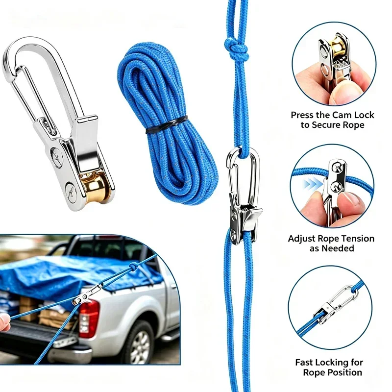 Adjustable Cam Lock Rope Tensioner with Carabiner Clip Heavy Duty Tie Down Rope for Truck Tarpaulin Camping Cargo Securing Tool