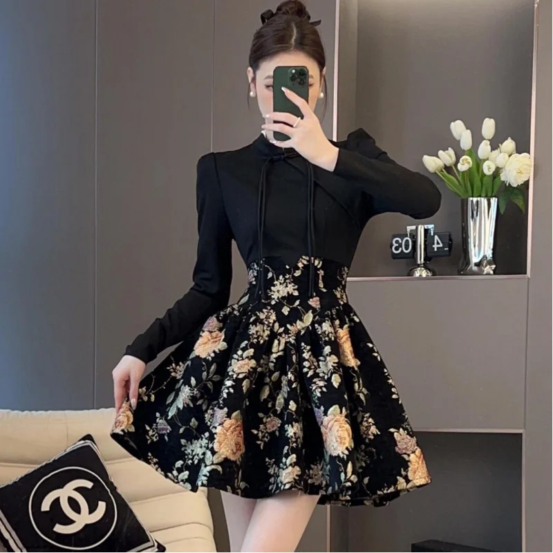 

New Autumn and Winter French Hepburn Style Assorted Colors Retro Dress Autumn Niche Waist-Tight Fake Two-Piece Skirts Patchwork