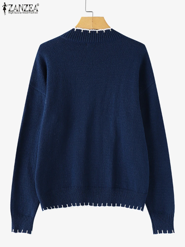 ZANZEA Damskie swetry z długim rękawem 2025 Jesień Stójka Codzienne swetry z nadrukiem kokardki Modne zimowe swetry oversize