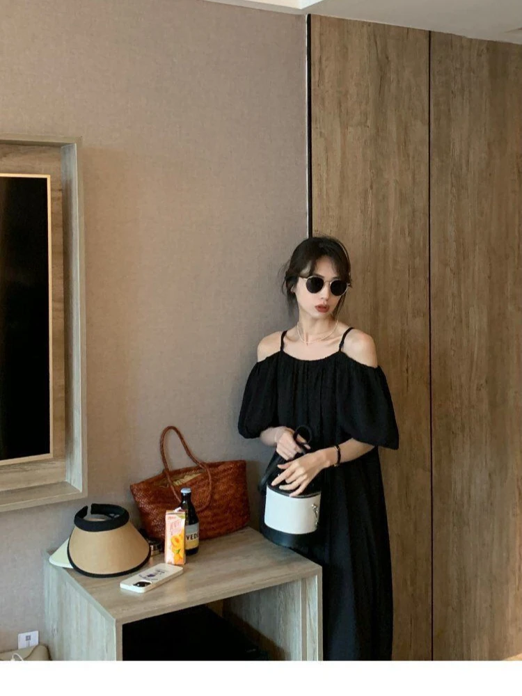 フレンチサスペンダーワンショルダーグリーンドレスワイドトリュフショルダーファッショナブルな気質ロングロングボディコン女性夏Bla