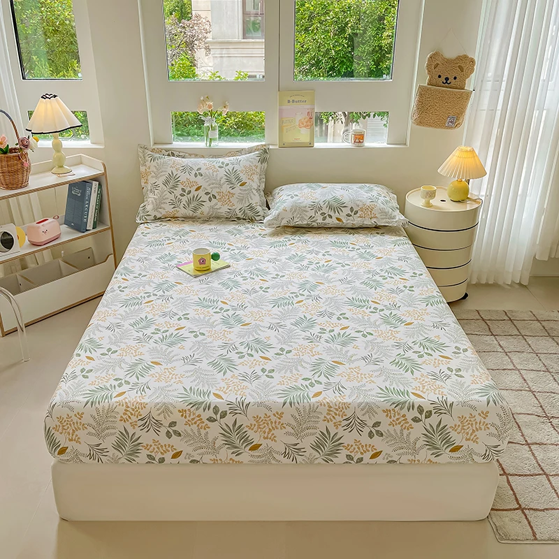 

Fresh Floral Leaves Plant Pattern Fitted Sheet Set 100% Cotton Breathable Soft Bedroom Non-slip Mattress Cover with Pillowcases