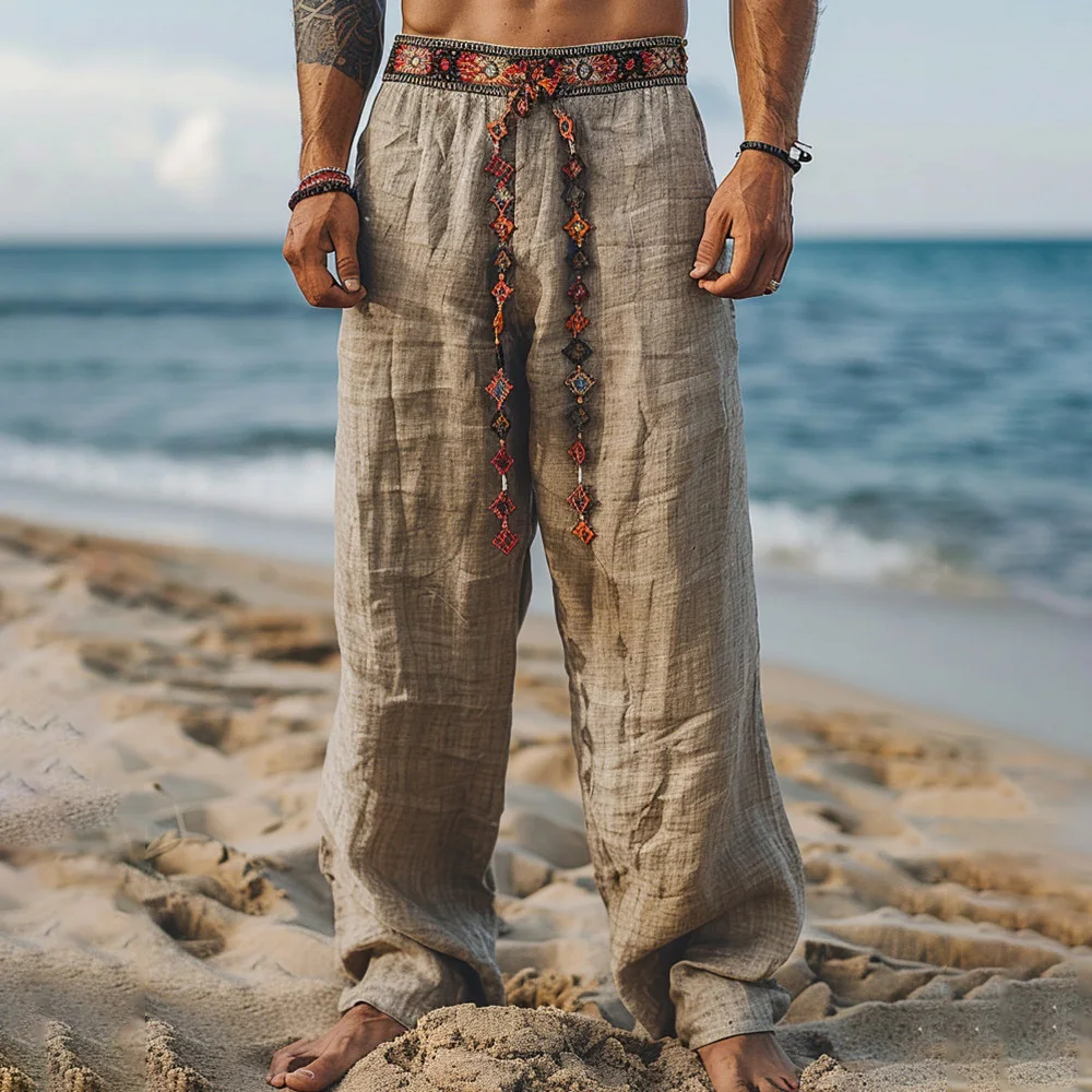 Men Pants Ethnic Bohemian Holiday Style Beach Pant Waistband Drawstring Tassels Summer Casual Loose Trousers Mens Clothing 2024