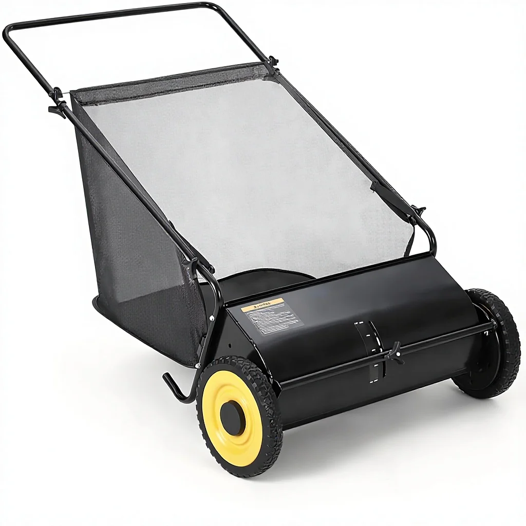 26-Inch Heavy-Duty Metal Push Lawn Sweeper OEM 4 Spinning Brushes 7-Cubic-Foot Large Capacity Collection Bag Adjustable Height