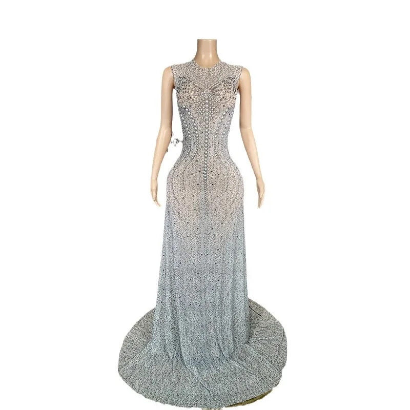 

Pearl Sleeveless Long Evening Dress - Internet Celebrity Temperament, High Sense, For Adult Ceremony & Birthday Metallic Dresses