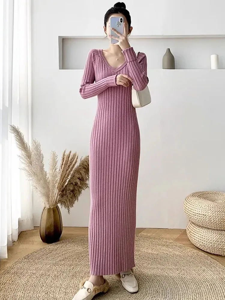 Spring Soft Knitwear Dress V-neck Slim Long Knitted Vestidos Solid Color Woman Knit Dresses Korean Elegant New Sweater Pullover