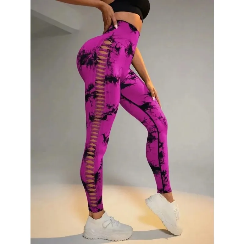 Women Tie Dye Hollow Out Leggings Sports Yoga Pants Fitness Sportswear Sexy High Waist Push Up Gym Tights Running Leggings