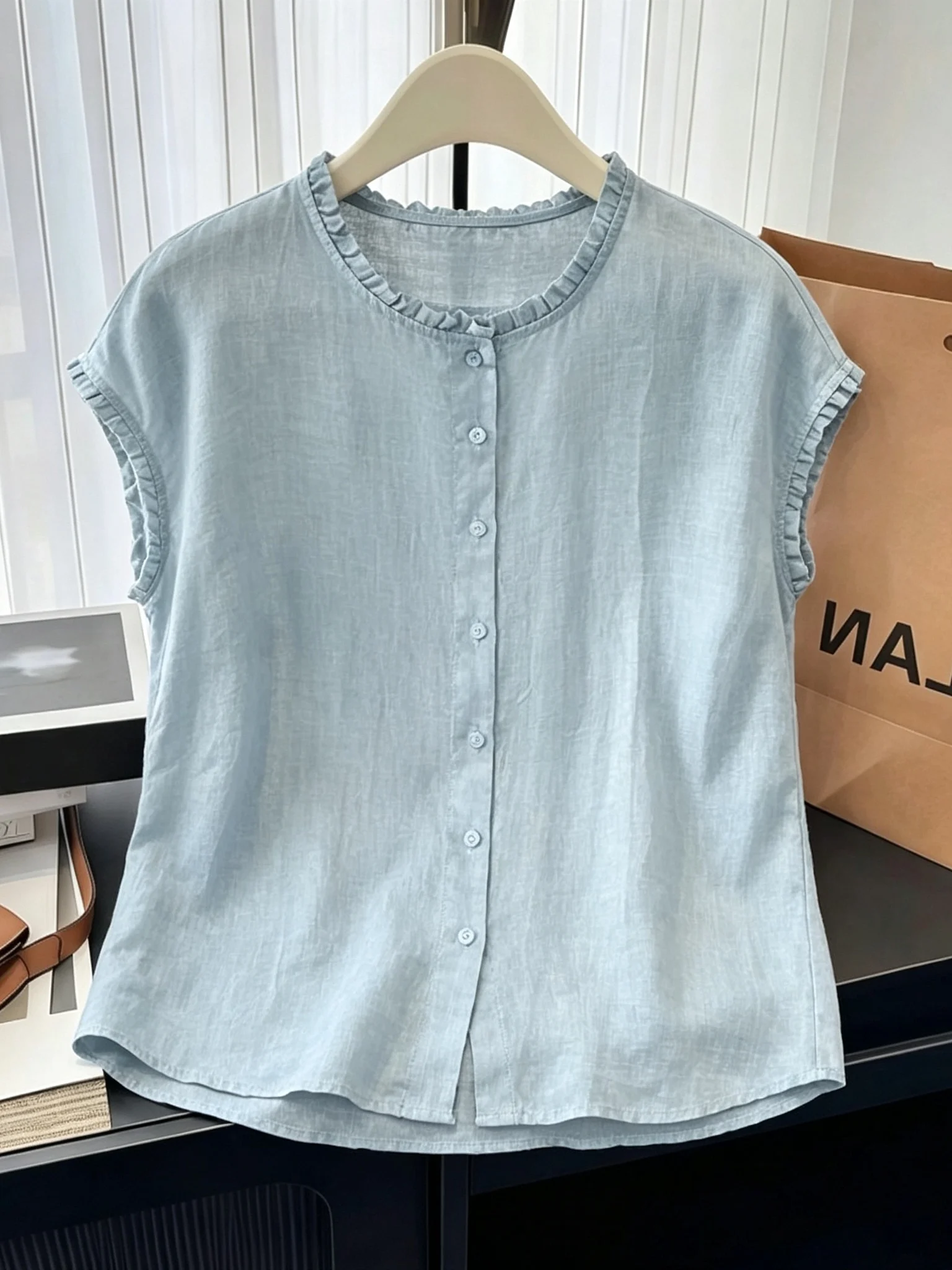 Korean Japanese Style Women's plus Size Shirt Summer Versatile Artistic Patchwork Earmuff Breathable Short Sleeve Casual Shirt