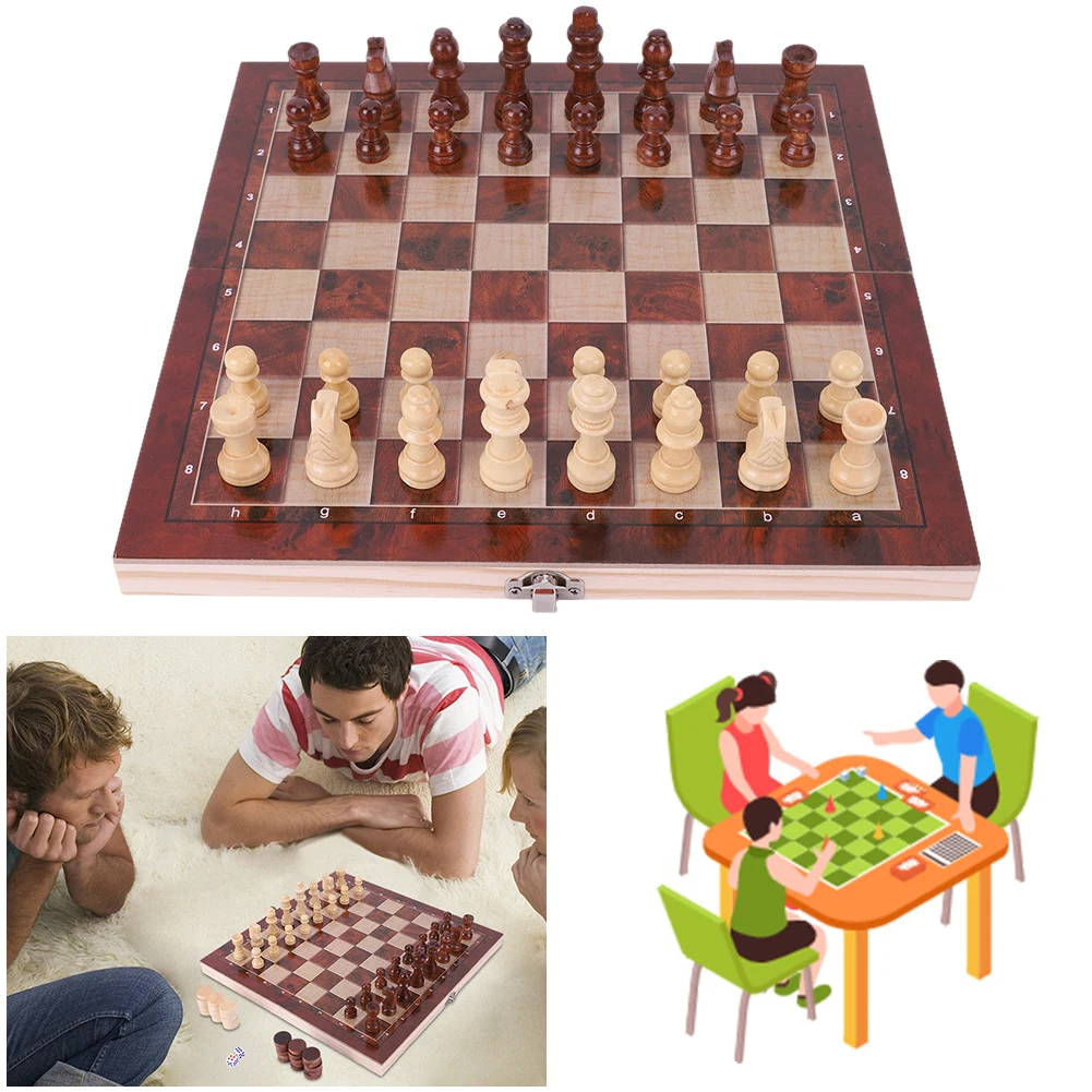 

Developing Strategic Thinking 3 in 1 Chess Chekers Backgammon No Toxic 29x29cm Large Chessboard Chess Wooden Set for Boys Girls
