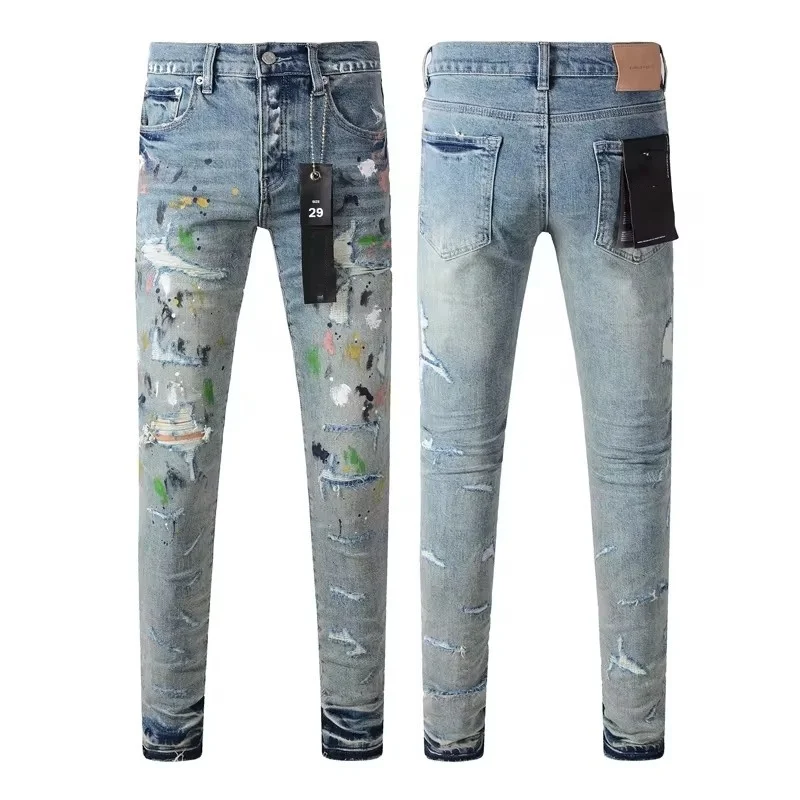 Top quality fashion Purples Jeans Men Trendy Elastic Edged Middle brand Irregular Blue Color Washed Denim trousers pants