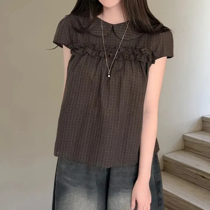 

Sweet Style Plaid Shirt Women's Fashionable Young-looking Short Sleeve Doll Collar Patchwork Summer 2026 Korean Style Top