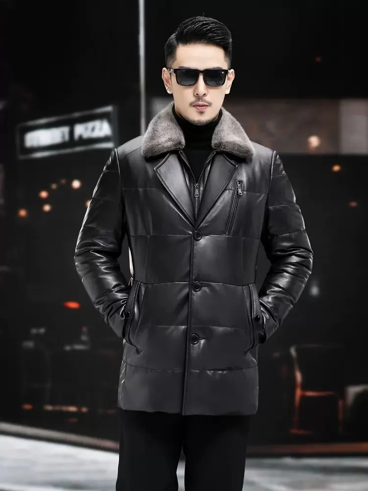 Designer Winter Men Genuine Leather Down Jacket Mink Fur Collar Warm Overcoat Single Breasted Biker Riding Coat Plus Size 5XL