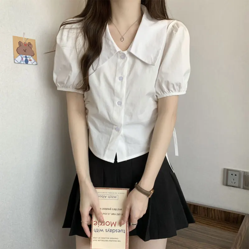 French Style Shirring Drawstring Blouse Summer Solid Color Women's Clothing Turn-down Collar Waist Single-breasted Short Shirts