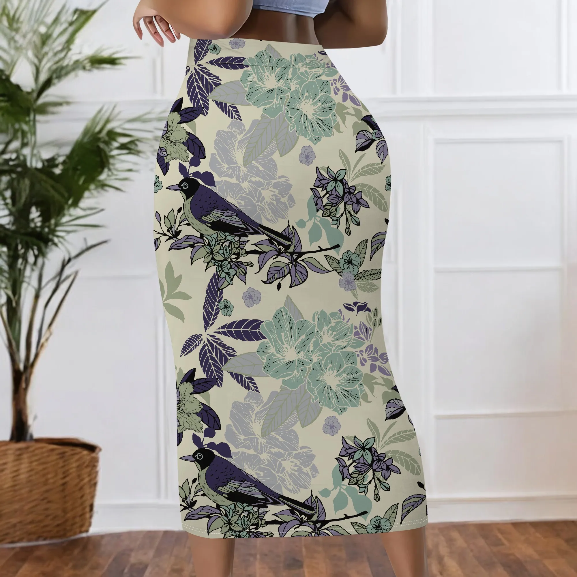 Blumen-Vogelmuster-Rock, Vintage Botanisches Muster, Eleganter Bleistiftschnitt, Damen Bürokleidung, Lässiger Party-Midirock, S-2XL – Detail 4