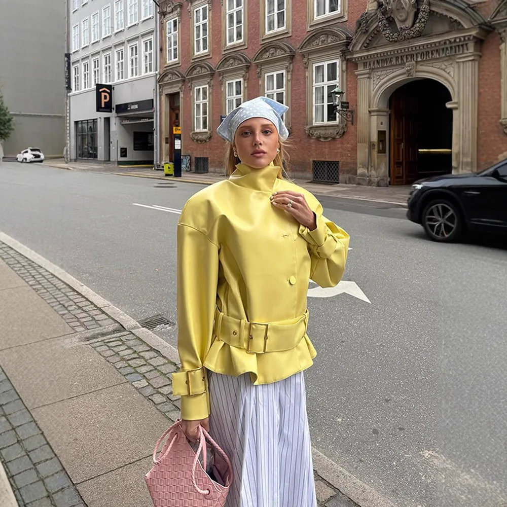 

Attention-Grabbing Bright Color Fashionable Stand Collar Belted Jacket Women's Summer New Wholesale