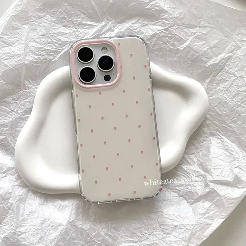 Korean Ins Minimalist Cute Cream White Pink Polka Dots Phone Case For iPhone 17 16 15 14 13 12 11 Pro MAX Plus 17air 16e Cover - view 5