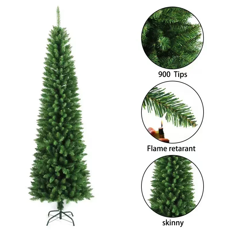 Árbol de Navidad Artificial, árbol de Navidad verde de PVC delgado y puntiagudo, 1,2 m a 2,7 m, suministros de decoración de ambiente navideño para el hogar