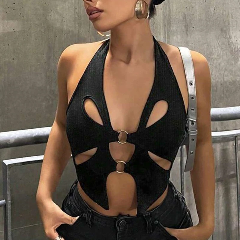 Y2K Metal Hollow Black Tank Top E-girl Gothic Grunge Black Crop Top Vintage Women Trim Camisole Harajuku Retro Fairy Vest Summer