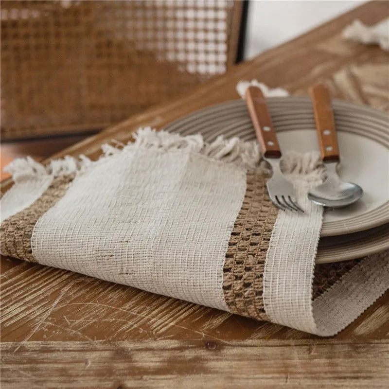 Boho Table Runner Burlap, Stripe Splicing Two-color Woven Tassel Natural TV Cabinet  Dining Table Runner Decoration