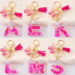 Initial Keychain With Pink Resin & Faux Stone, Tassel & Butterfly Charm, Golden Hardware For Women, Bag & Wallet Accessory