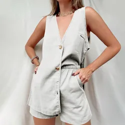 Vinatge Cotton Linen Casual Women Set Fashion Summer Shorts White Sleeveless Vest+Pockets Pants Female 2 Pieces Sets Street