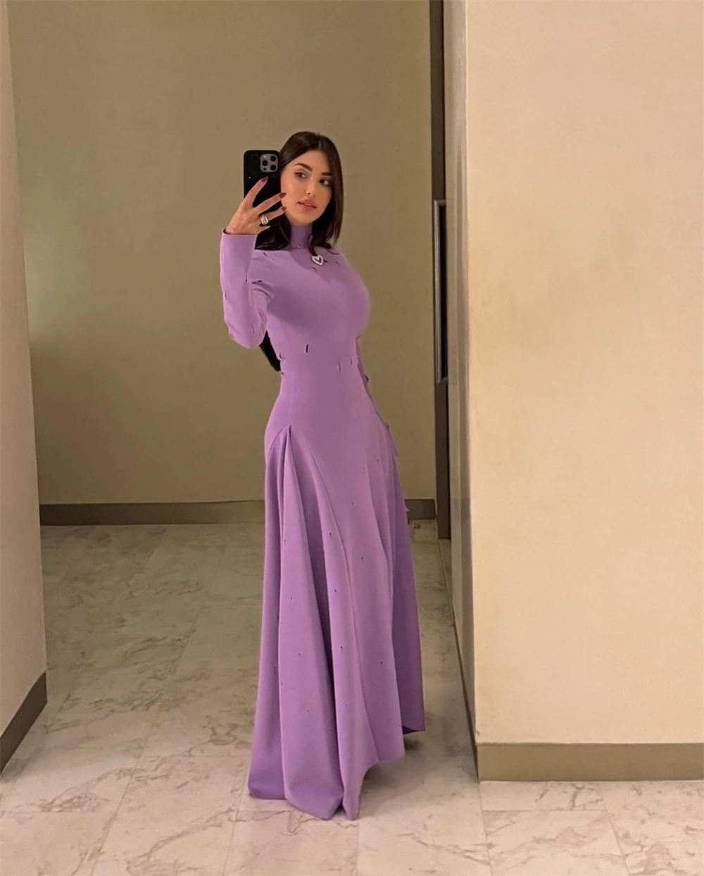 Customized Formal Purple Jersey Evening Dress Modern Crystal Draped High Neckline Long Sleeves Sweep Train Celebrity Gowns