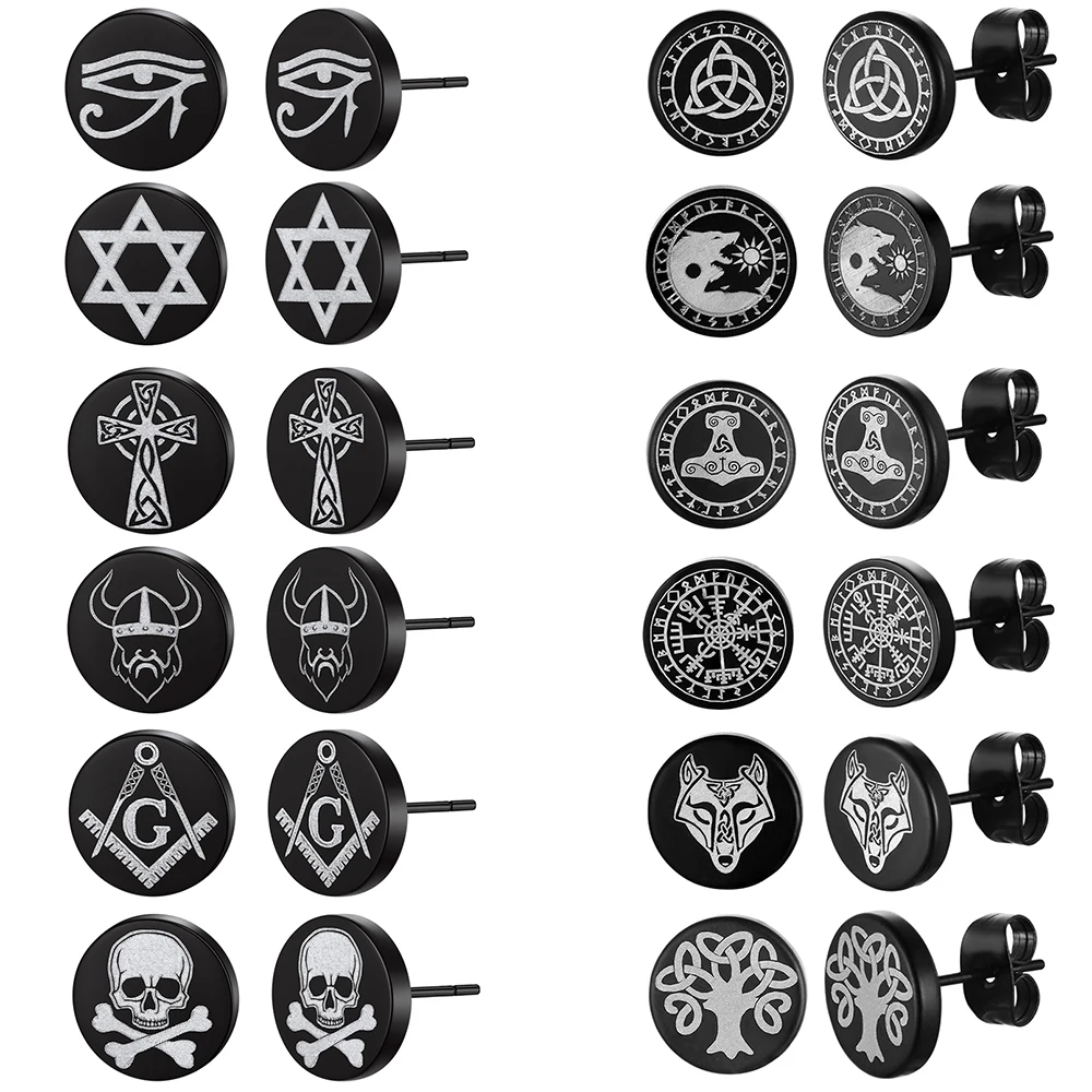 6pairs/set Black Round Stud Earrings Skull Celtic Cross Star of David Viking Wolf Tree Fighter Eye of Horus Unisex Jewerlry QC24