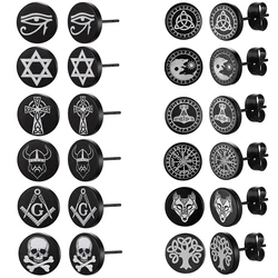6pairs/set Black Round Stud Earrings Skull Celtic Cross Star of David Viking Wolf Tree Fighter Eye of Horus Unisex Jewerlry QC24