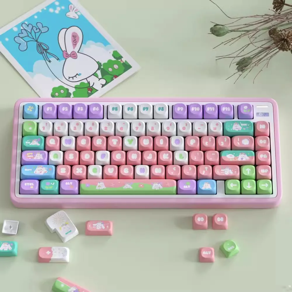 1 Set Long Eared Rabbit Keycaps PBT Dye Sublimation Key Caps SOA Profile Rounded Cute Keycap For MX Switch Keyboard 68 75 96 980