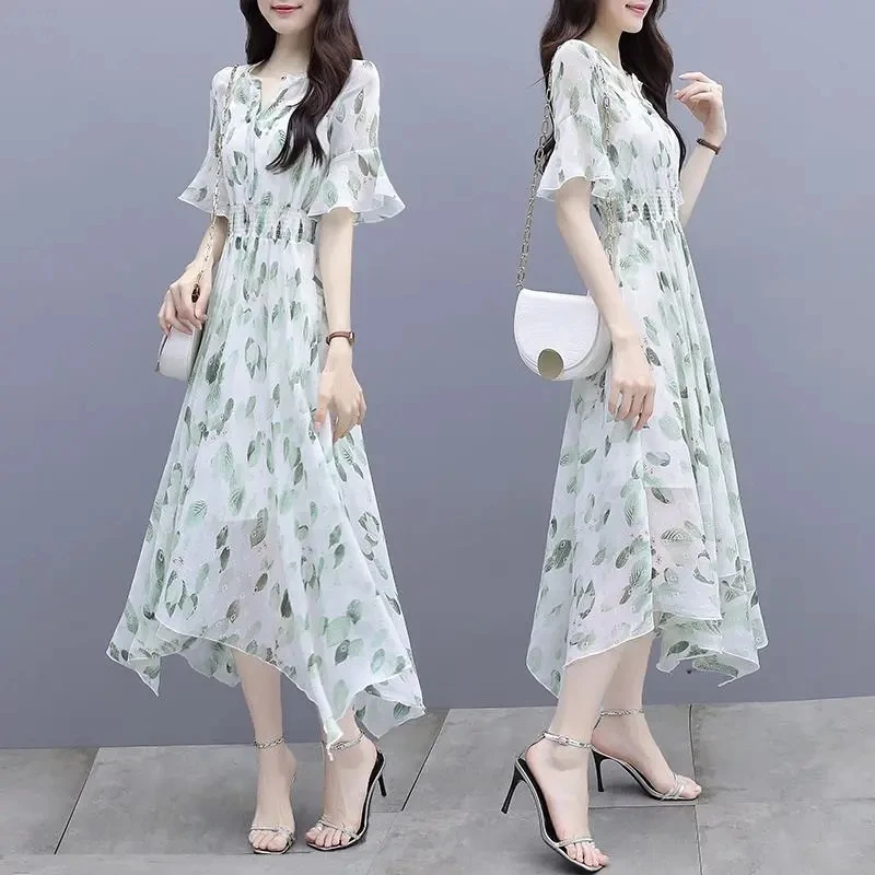 Floral Irregular Women Dress 2024 New Summer Super Fairy Sen Female Waist Slim Temperament Ladies Flared Sleeve Chiffon Dresses