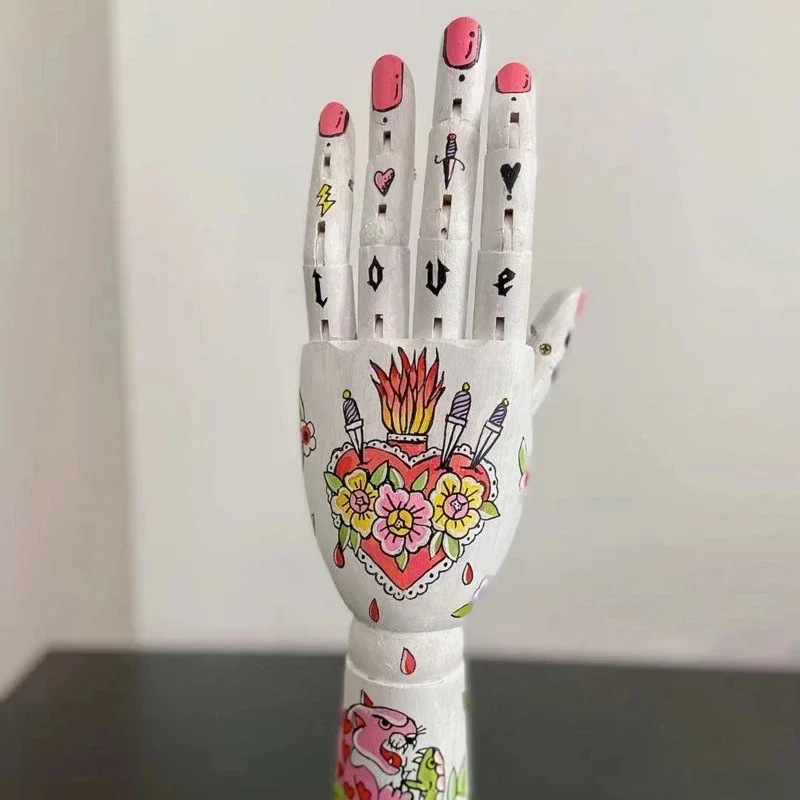 2023# Tattoo Wooden Hand Ornament Hand Joint Finger Figurine Kanagawa Surf Painting Hand Movable Art Wooden Hand Joint Doll