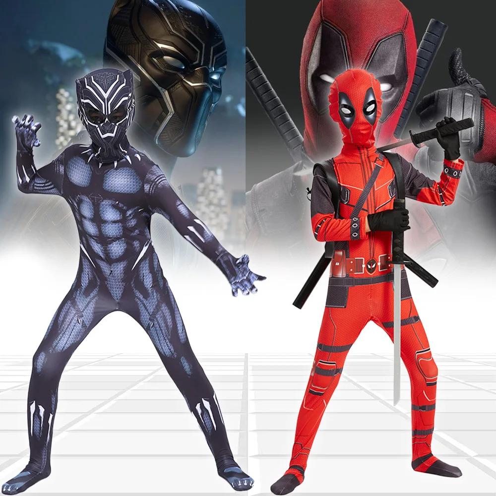 Dead Pool Cosplay Halloween Kids Performance Attire Adult Tight Fitting Jumpsuit Head Cover Black Panther T'Challa Party Costume