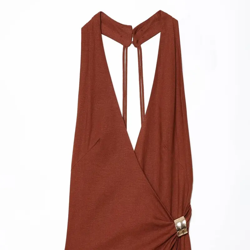 여름 신상 여성 미디 드레스 골드 장식 안감 린넨 혼방 금빛 반짝임 패셔너블 슬리브리스 가운