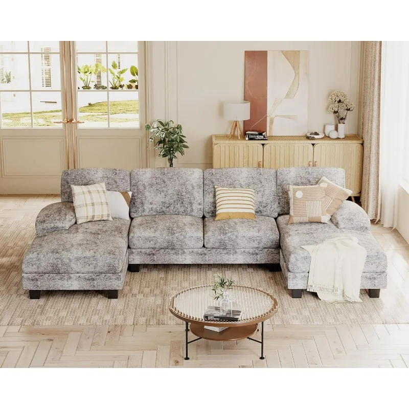 Sectional Couches for Living Room, U Shaped Couch with Chenille Fabric, 4 Seat Modern Sofa with Removable Pillows