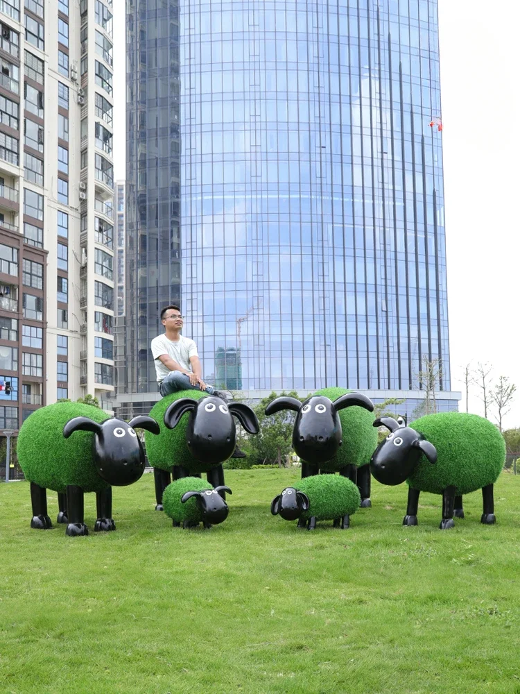 Garden Garden Decoration Outdoor Cartoon Animal Fiberglass Sculpture Lawn Garden Landscape Turf Flocking Sheep Ornament