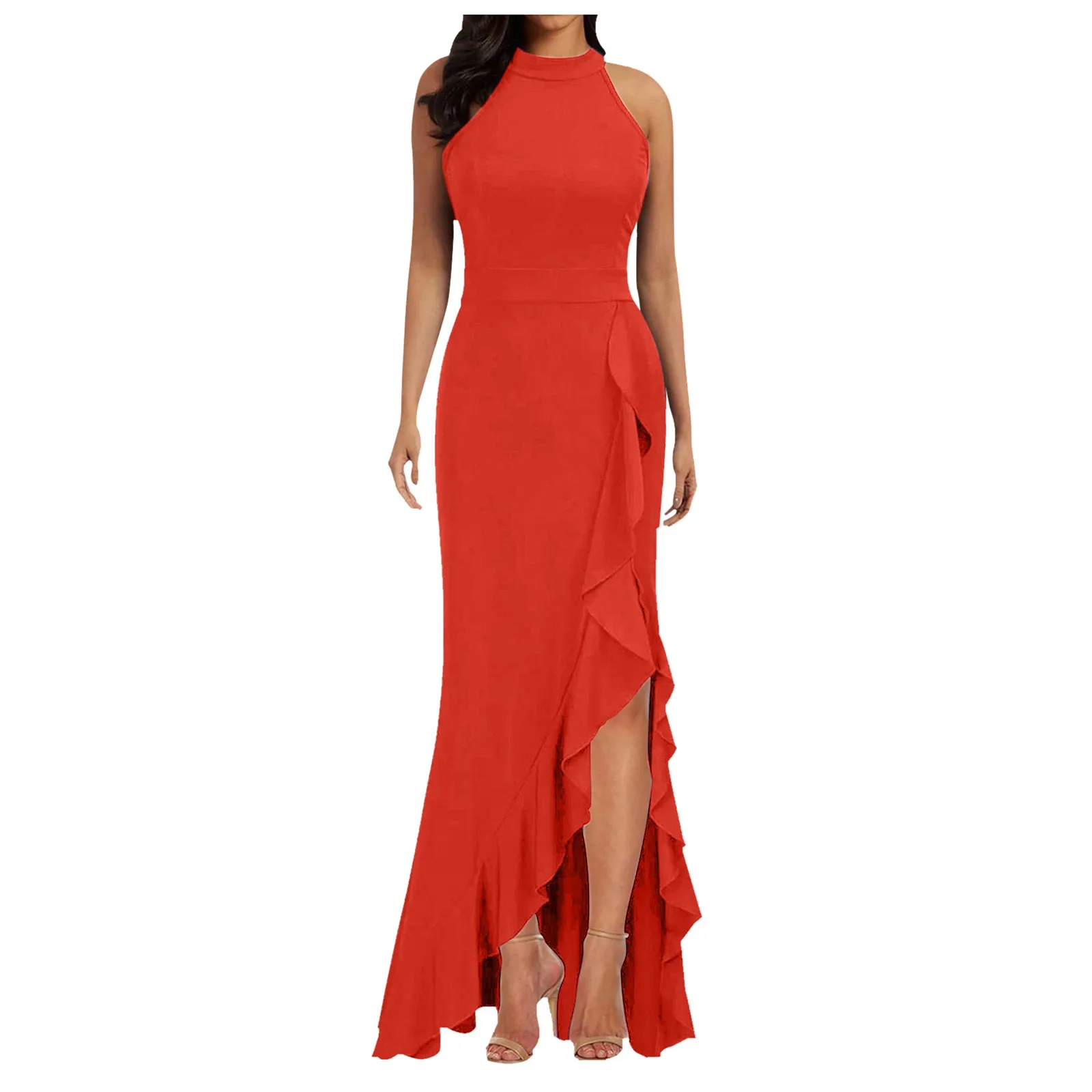 

Slim Fit Elegant Party Long Dress High Waisted High Slit Sexy Dresses Women Sleeveless Solid Color Ruffles Evening Dress