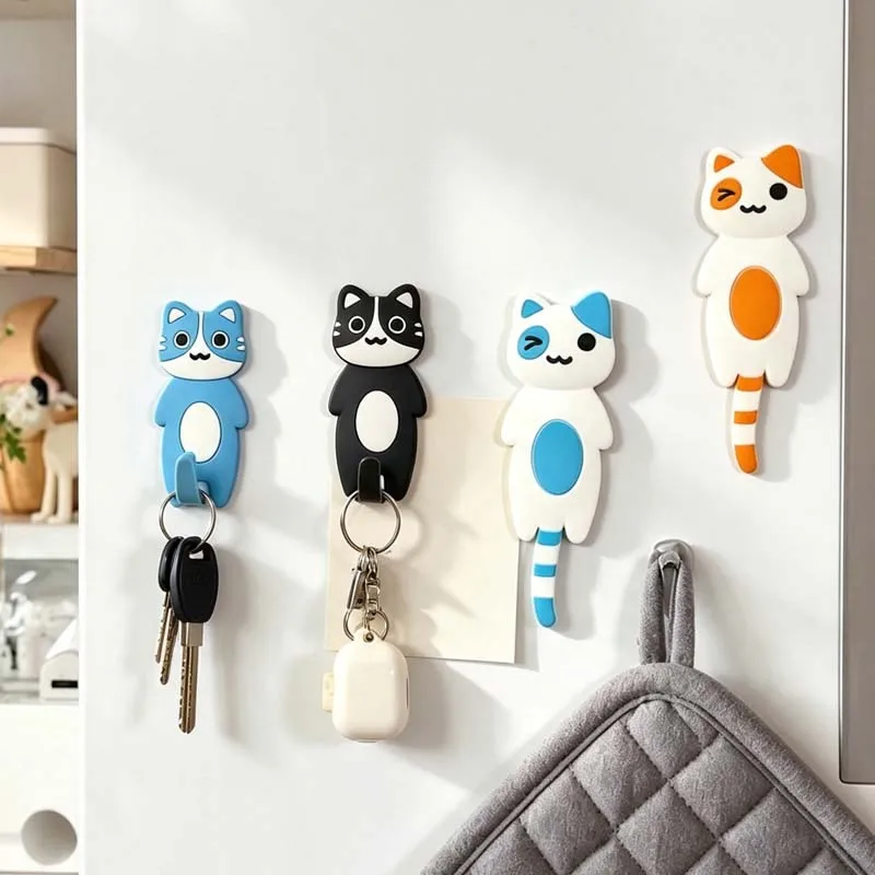 Cute Cat Fridge Magnets Wall Decor Colorful Cat Tail Key Hooks Available in Multiple Colors 1/2/4 Pieces Set