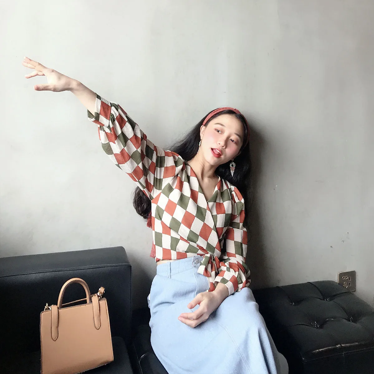 

Original Design We Bubble Sve Chiffon irt Orange een Plaid Cross V Ne Knot Lantern Sve Women's Top