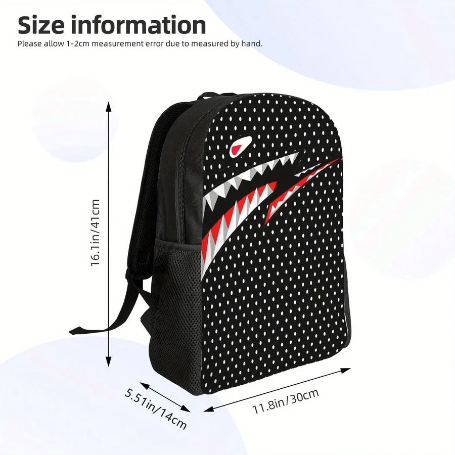 

Mens Black Polka Dot Shark Print Large Capacity Backpack Durable Travel School Bag With Padded Straps
