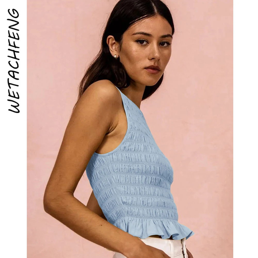 Black Sexy Sleeveless Folds Ruffles Women Tees Tops 2023 Fashion Y2K Streetwear France T Shirts Clothing Harajuku Summer Tops